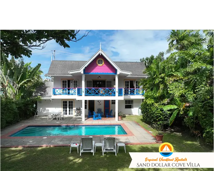 Tropical Vacation Rentals - Sand Dollar Cove Villa Tobago - Back Yard and Building with pool views